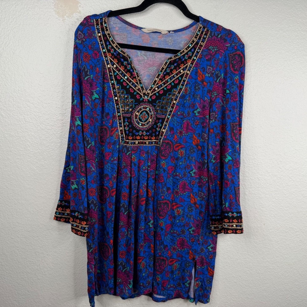 Soft Surroundings Women's Tamuri Top Blue Sz M Beaded Resort Boho Dark Floral